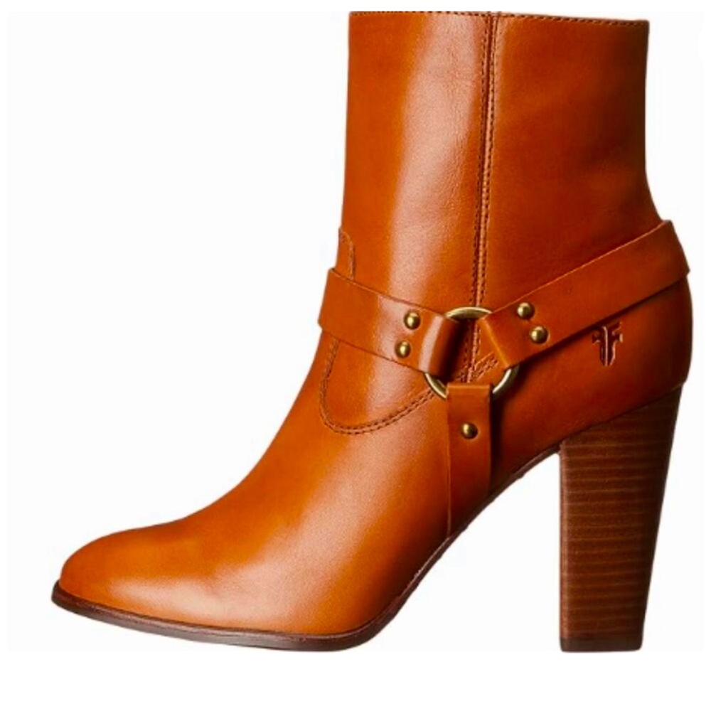 Frye Laurie Harness‎ Leather Zippered Boots Sz 7.5 High Heel Bootie Fall Cowgirl